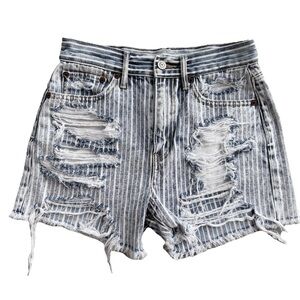 American Eagle 90s Boyfriend Denim Jean Shorts Blue White Striped Distressed